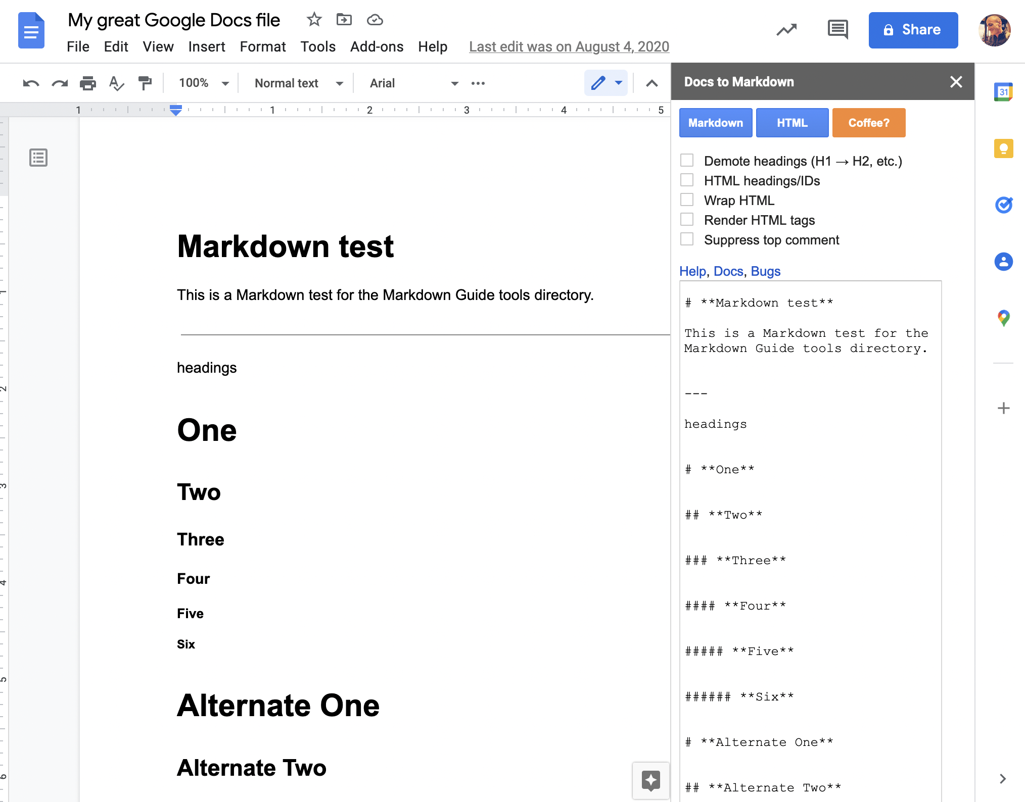 Markdown in Google Docs